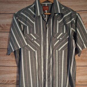 Plains Western Wear Gray and White stripe Pearl Snap Shirt Size Mens Large